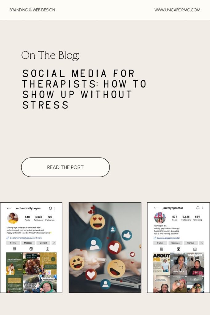 Pinterest graphic for the Blog Post: Social Media for Therapists: How to Show Up Without Stress