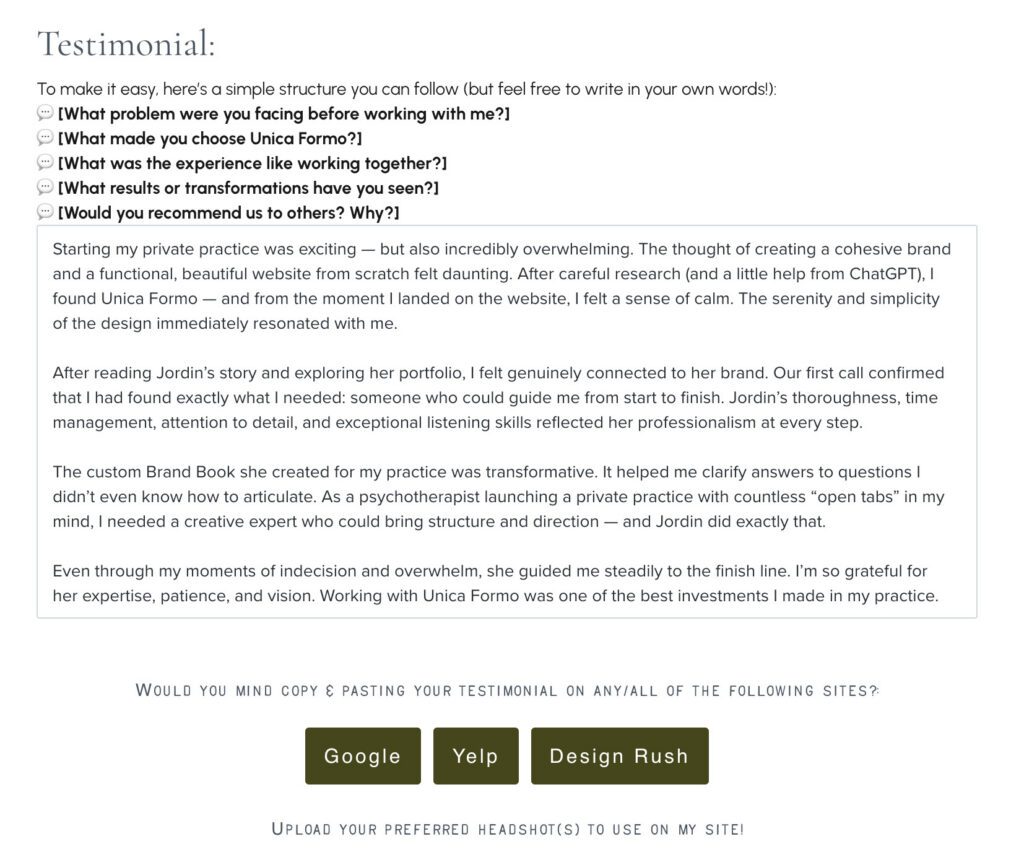 Testimonial form example to help you get GOOD reviews that actually help your business.