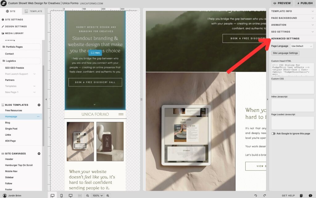 Web design interface showing a website template for creatives. Left panel displays site settings and blog templates. The main page features a promotional text on standout branding with a call to action button. The interface conveys a professional and modern tone.