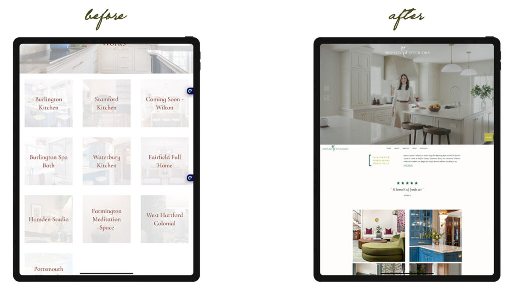 Before-and-after website redesign on two tablets: a cluttered project grid becomes an elegant, spacious home-design site with refined imagery.