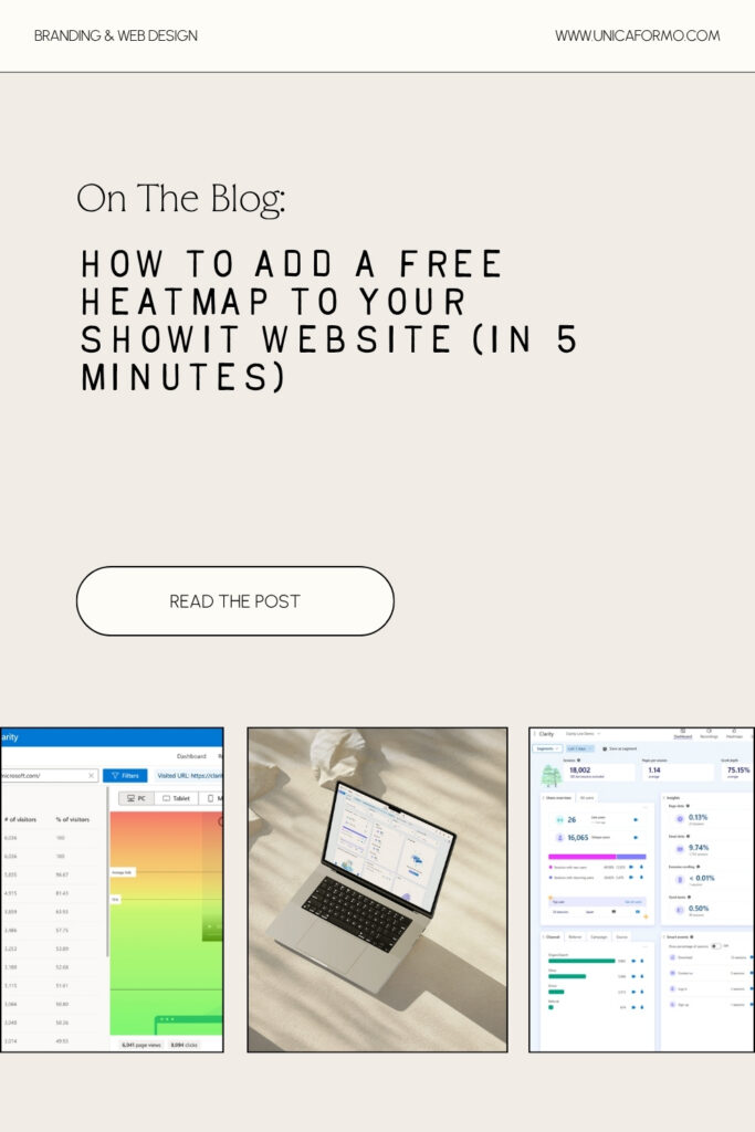Blog post announcement on adding a free heatmap to your Showit website within 5 minutes. Features screenshots of analytics and a laptop image. Tone: informative.
