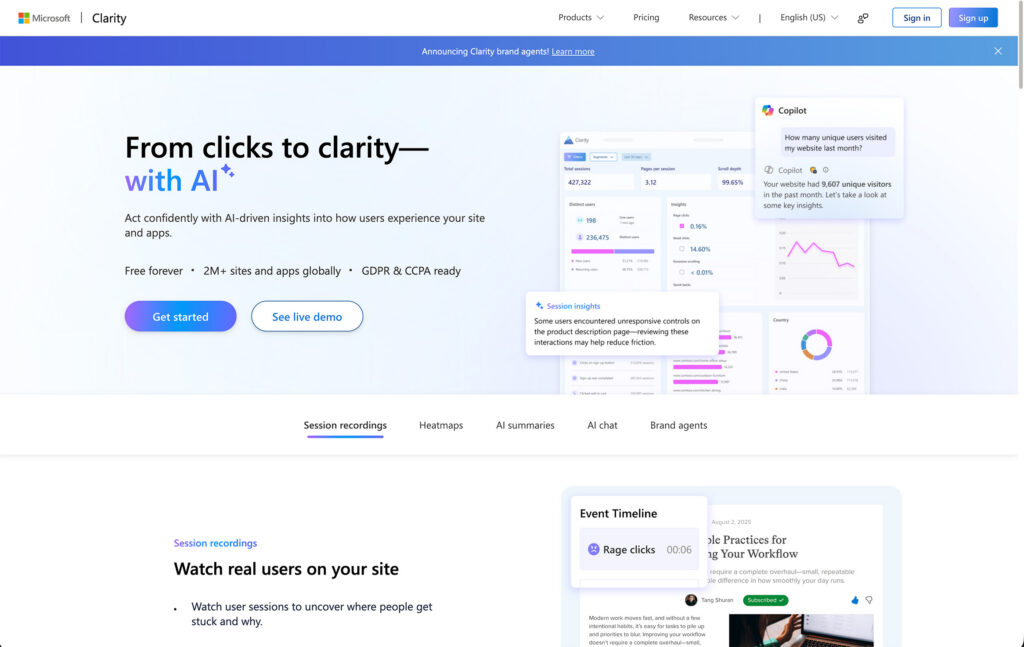 Microsoft Clarity homepage showcasing AI-driven insights for website and app experience. Features graphs, user stats, and prompts to get started or see a demo.