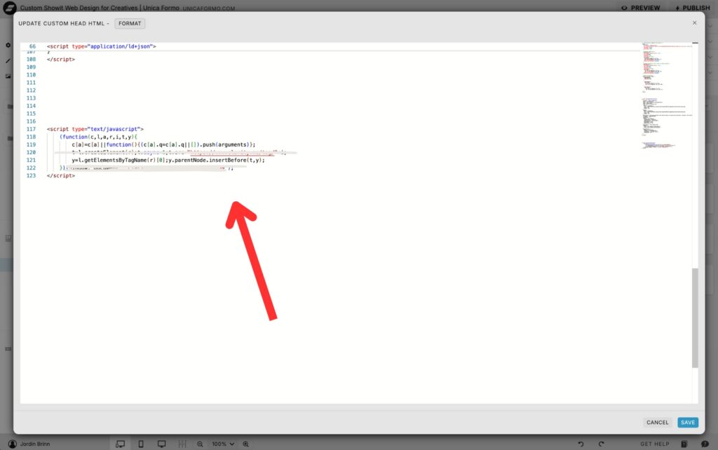 A code editor window displays JavaScript code. A bold red arrow points to a specific code line, indicating importance or error. The tone is technical.