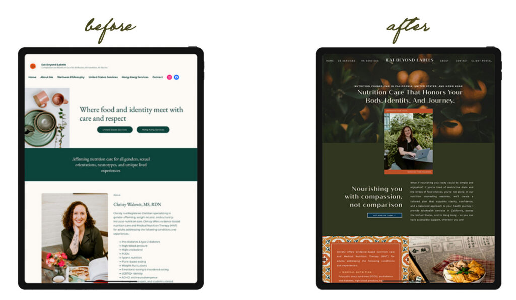 Before-and-after website redesign: the refreshed nutrition coaching site uses darker earthy tones, food imagery, and a warm, holistic tone.