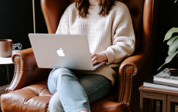 A woman seated in an armchair, focused on her laptop, with a cozy atmosphere surrounding her