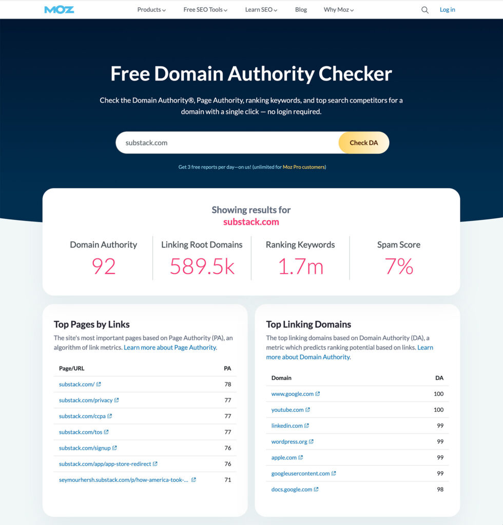 Image of a free tool for checking domain authority, featuring the Moz Domain Authority Checker interface.