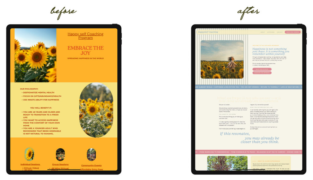 Before-and-after website redesign on tablets: an orange sunflower coaching page evolves into a polished, softer layout with clearer sections.