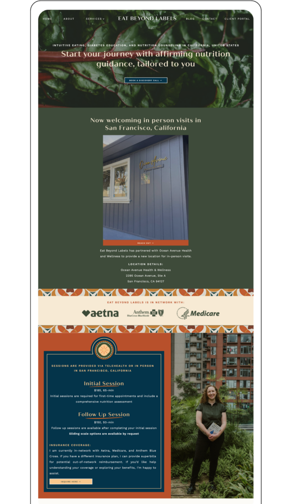 Website of Eat Beyond Labels featuring affirming nutrition guidance. Images include a clinic exterior in San Francisco and a person smiling in a garden. Logos of Aetna, Anthem, and Medicare are displayed, emphasizing health insurance partnerships. The tone is welcoming and professional.