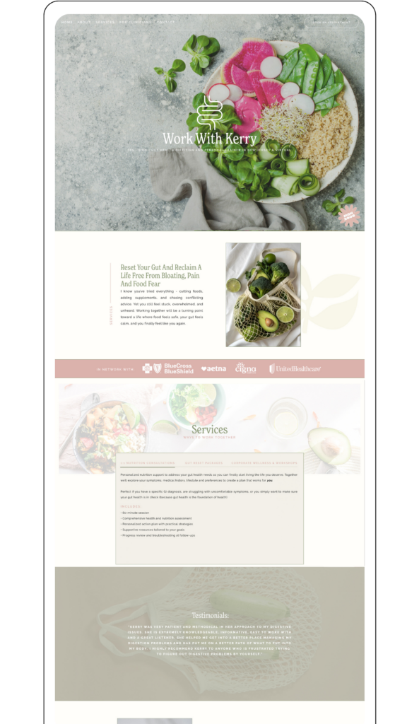 A webpage featuring a vibrant bowl of fresh vegetables and quinoa at the top. Below, text offers gut health consulting services, with a calming, natural theme.
