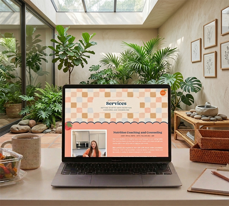 A serene home office with lush indoor plants. A laptop on the desk displays a website for nutrition coaching. Sunlight streams through a skylight, creating a calm, inviting atmosphere.