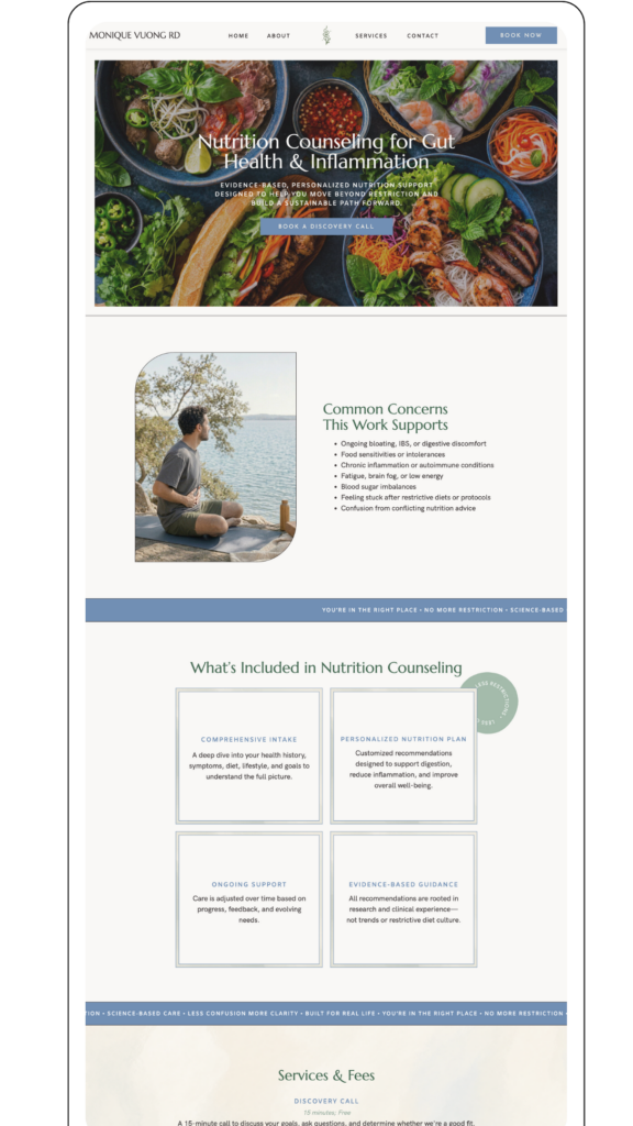 Website for Nutrition Counseling focusing on gut health and inflammation. Top features an image of diverse, colorful healthy foods. Below, a person sits by a lake, conveying tranquility. Text highlights support for digestive health and personalized nutrition plans. The theme is calm and supportive, emphasizing wellness.
