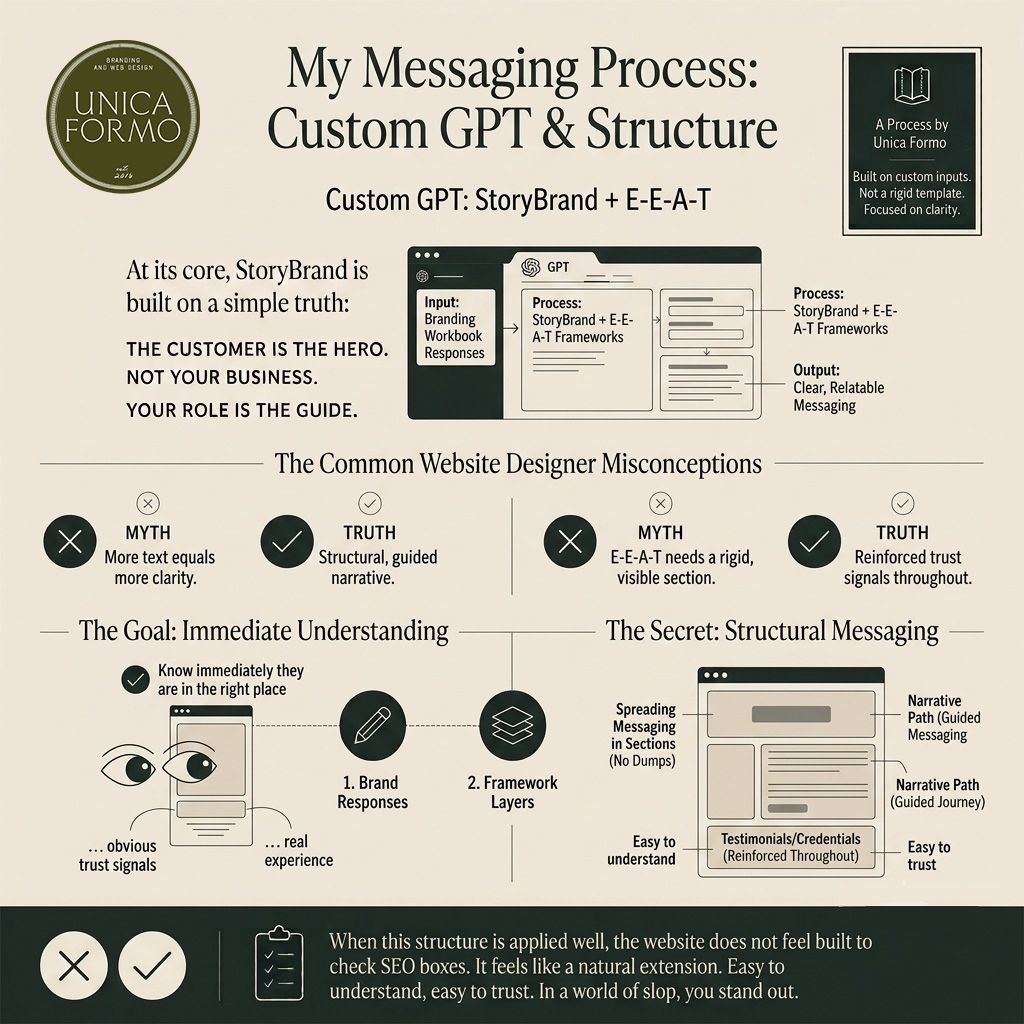 Diagram illustrating a personalized messaging workflow for Donald Miller's Story Brand framework, showcasing the organized structure and steps involved when working with a website designer