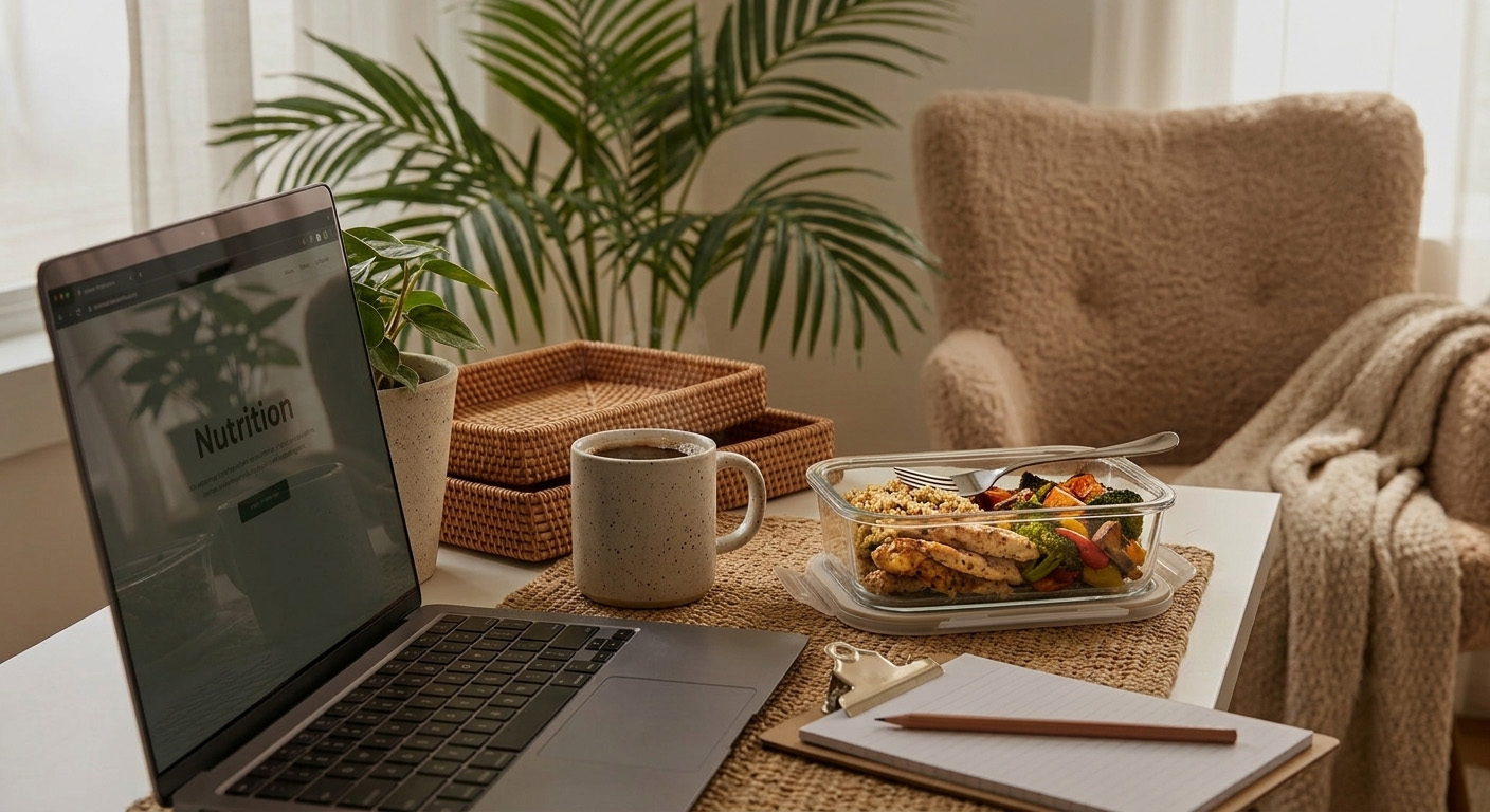 Cozy workspace with a laptop showing a nutritionist services page, next to a balanced meal, coffee, note pad, pencil, and a plant, under soft lighting.