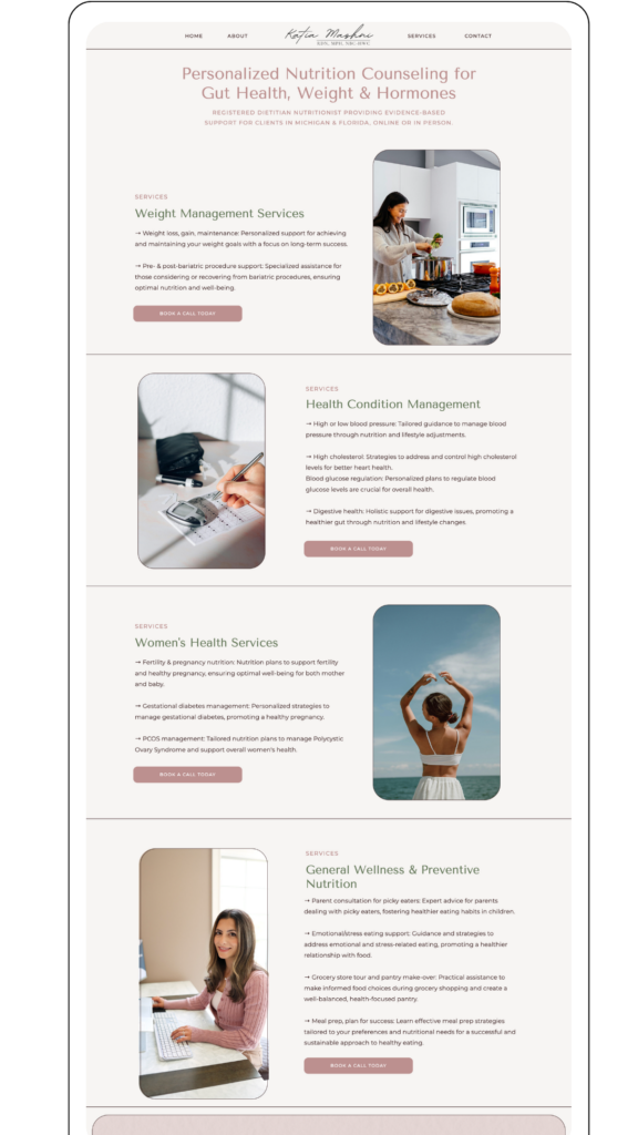 Website displaying personalized nutrition counseling services. Images include a woman preparing a meal, a phone with a calculator, a woman at a beach, and a woman working on a laptop. The sections cover weight management, health condition management, women's health, and general wellness. The tone is professional and supportive.