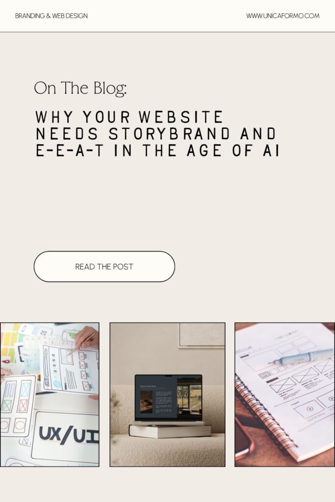 Pin showing the StoryBrand Framework and E-E-A-T principles for effective website storytelling blog post.