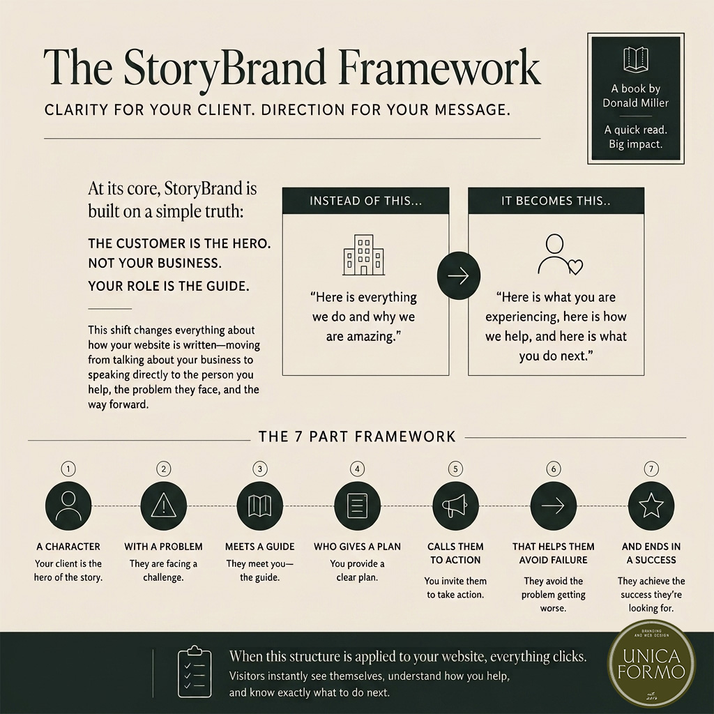 Visual representation of the StoryBrand framework, illustrating key elements for effective brand messaging and storytelling.