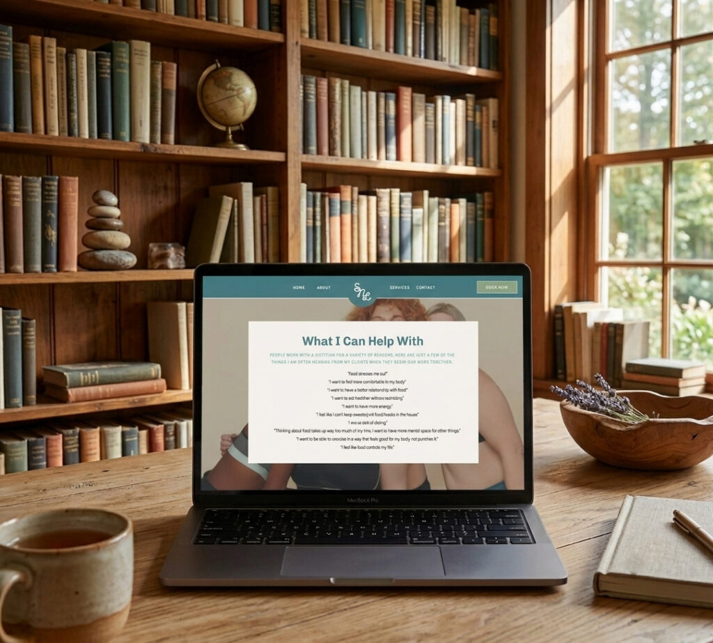 A laptop on a wooden table displays a website titled "What I Can Help With." The rustic room features a bookshelf filled with colorful books and a window showing lush greenery. Cozy and inviting, the space exudes a warm, studious atmosphere.