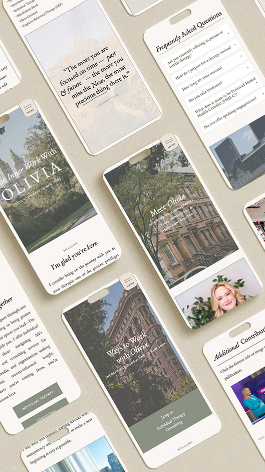 Mobile phone screens showing different pages of a website designed for a NYC therapist