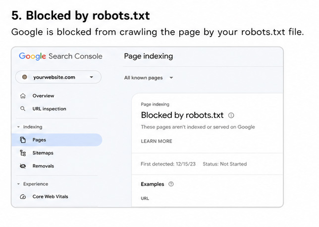 Screenshot of the Google search Console page displaying the search bar and various search results about pages blocked by robots.txt