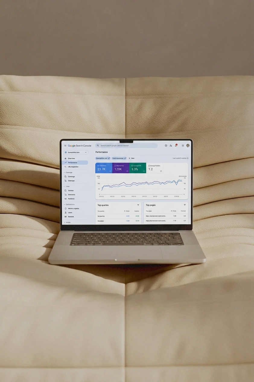 Laptop sitting on a couch with Google Search Console open on the screen.