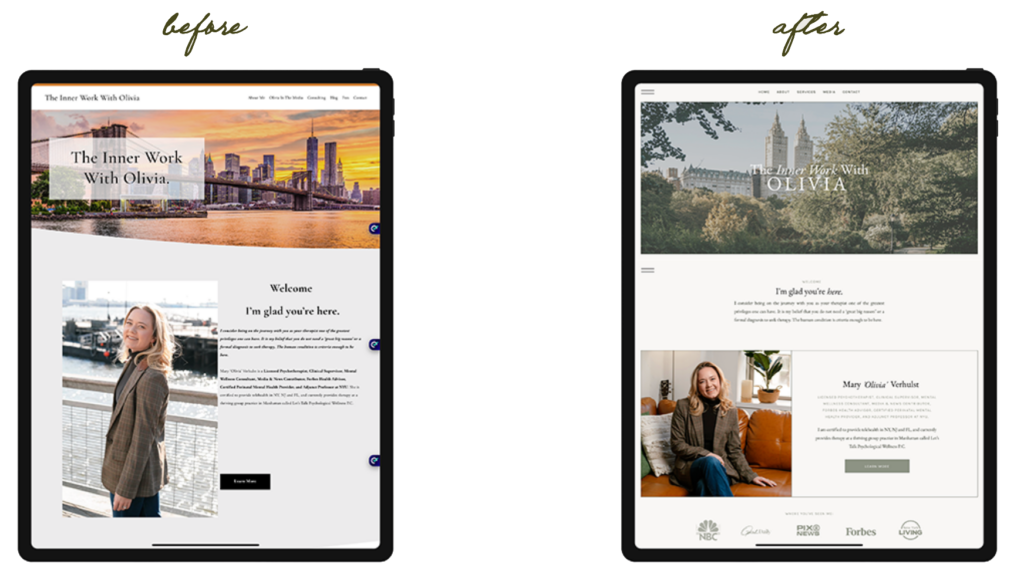 before and after of a therapist website redesign on ipads.