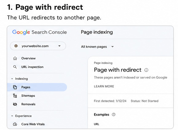 Screenshot of Google Search Console displaying errors related to page redirects.
