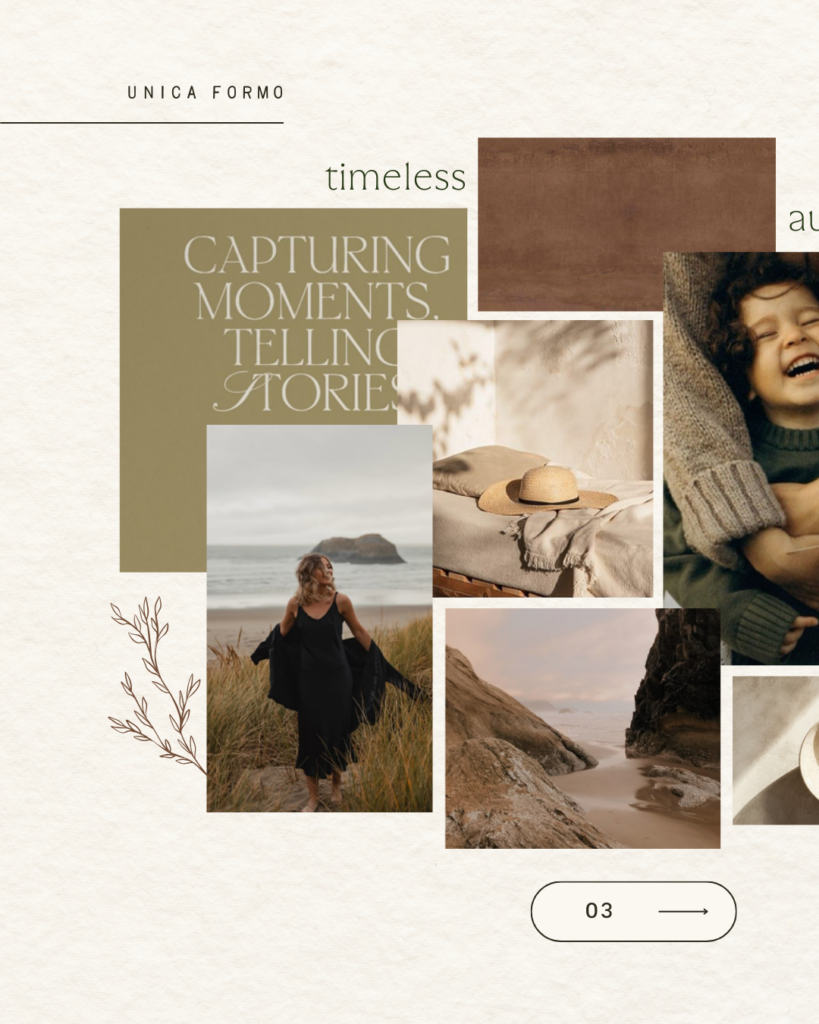 Editorial mood board with muted coastal photos, a child laughing in a knit sweater, a bed, and elegant typography; calm, nostalgic tones evoke timeless storytelling.