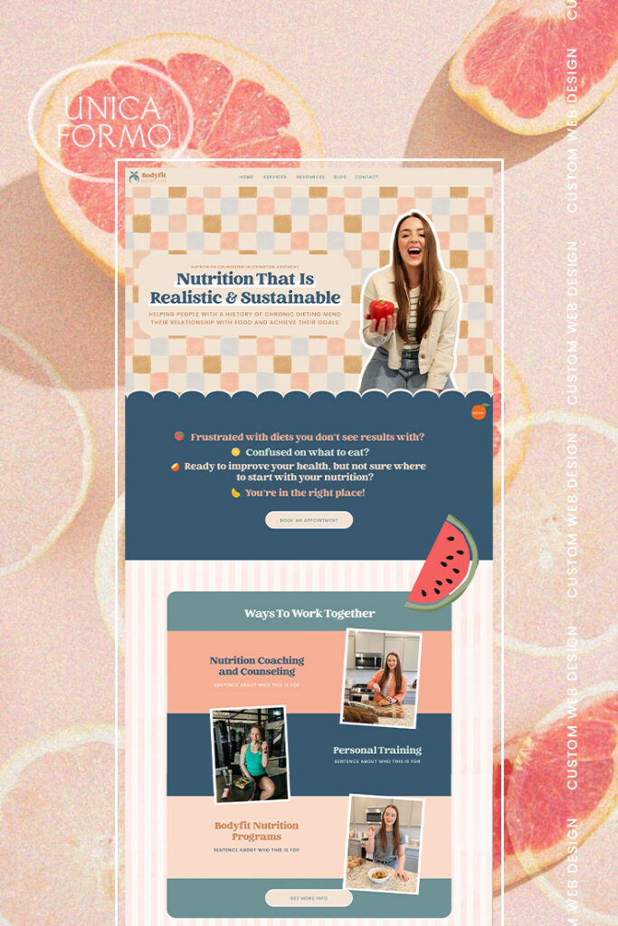 Nutrition coaching website mockup over citrus fruit background, promoting realistic, sustainable nutrition with a friendly, upbeat tone and teamwork services.