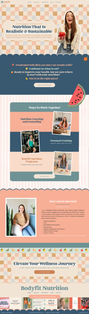 Long nutrition infographic featuring a smiling woman, sustainable nutrition messaging, meal imagery, testimonials, and a body-fit nutrition program.