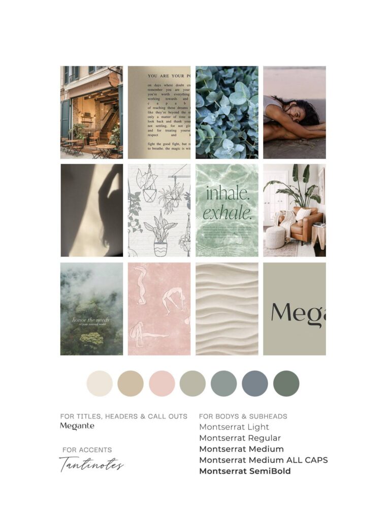 Calm, earthy and zen like mood board colors and photos.