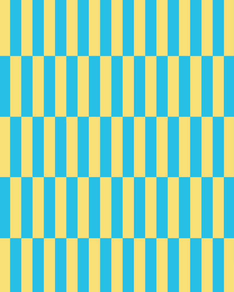 Abstract optical-art pattern of turquoise and pale yellow vertical stripes, alternating between staggered rows of wide and narrow blocks; bold, playful, rhythmic effect.
