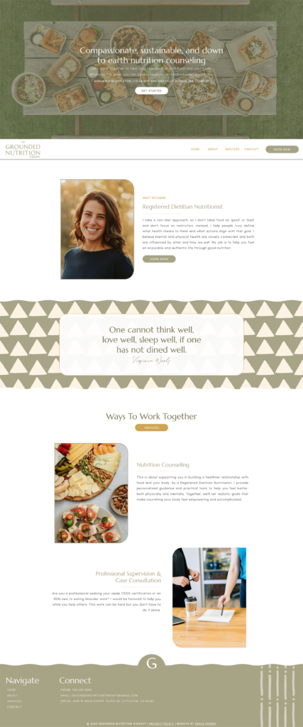 Food and sustainability website homepage with a smiling woman, colorful recipe photos, a testimonial, and a chef preparing food in a bright kitchen.