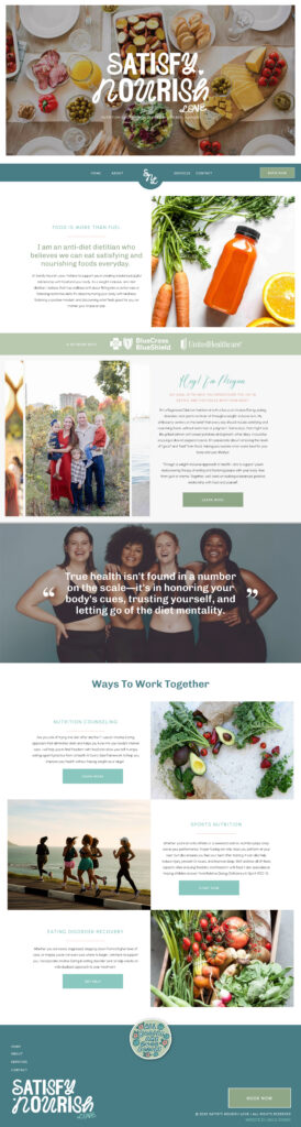 Tall screenshot of a food and wellness website, featuring colorful healthy meals, produce, family outdoors, recipes, and teal-and-cream design.