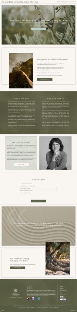 earthy therapist website design layout with forest photos, a monochrome portrait, centered text sections, cards, buttons, and social icons.