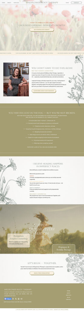 Tall screenshot of an elegant therapist website with pastel flowers, floral illustrations, and therapy services information.