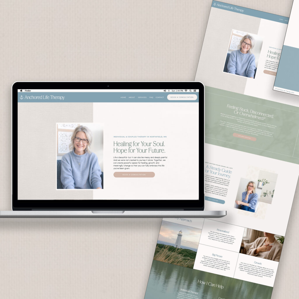 Laptop displays a therapist’s calming wellness website, surrounded by matching pages featuring portraits, nature scenes, and soft pastel tones.