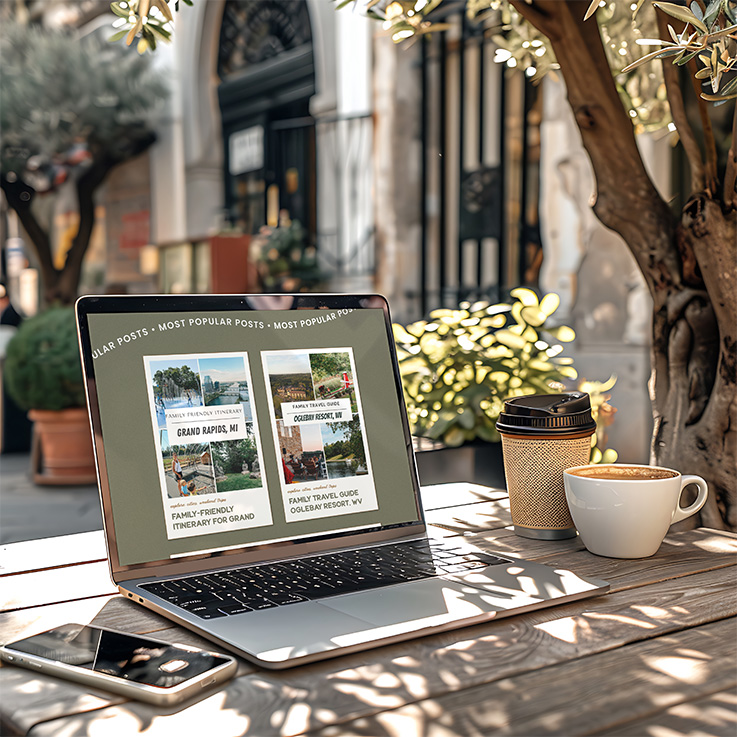 A laptop displays popular travel posts beside coffee on a sunlit café table, with leafy trees and a historic arched building creating a relaxed atmosphere.