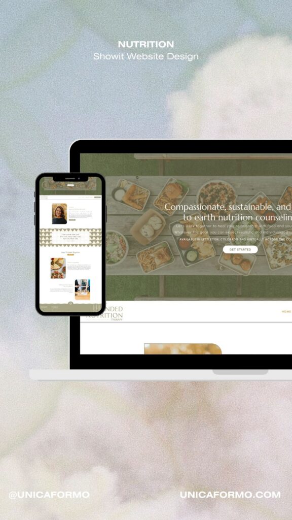Nutrition website design displayed on a laptop and smartphone, featuring food photography, sustainable nutrition counseling, and a soft pastel background.