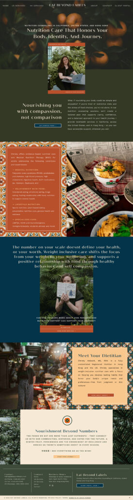 Tall collage-style inclusive nutritionist website design that is warm, artisanal food brand, featuring portraits, botanical backgrounds, recipes, colorful dishes, market scenes, and invitation cards.