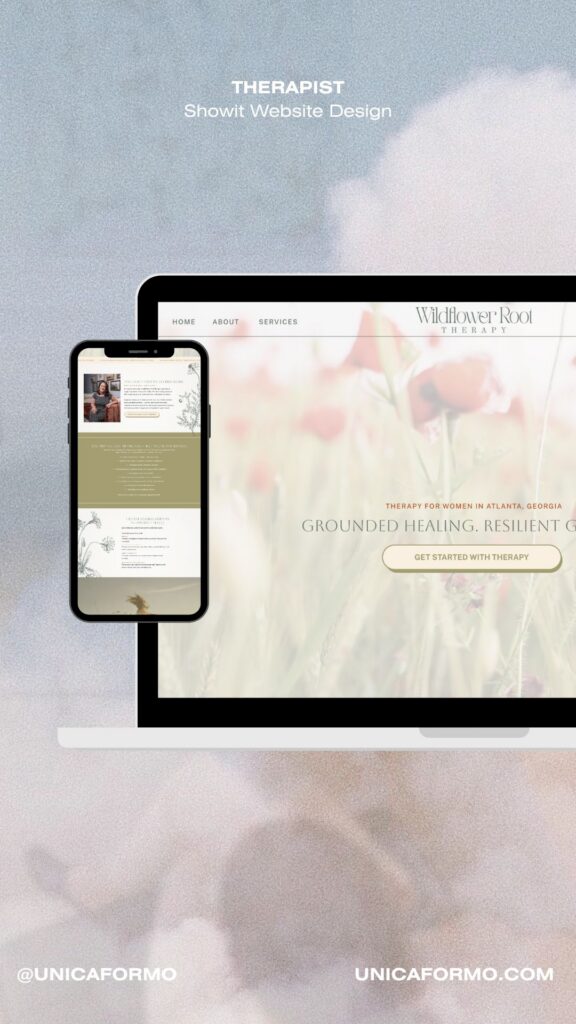 Pastel therapist website mockup on a laptop and smartphone, featuring floral imagery, calming text, and a soft, serene wellness aesthetic.