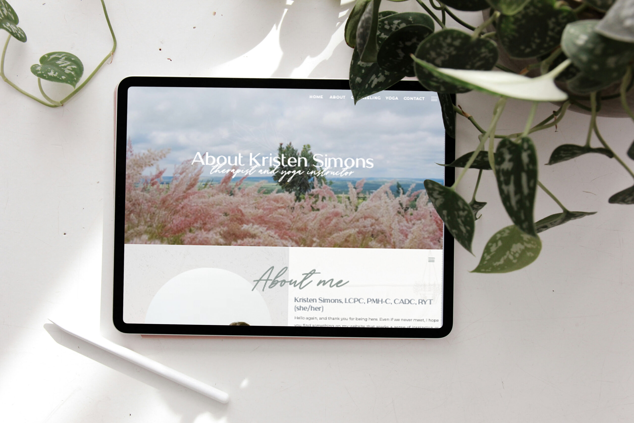 About page of a therapist website on a white desk with a green houseplant.