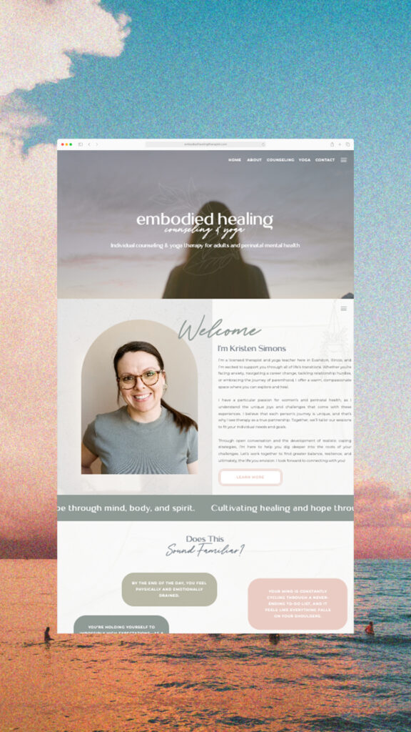 Website screenshot for “Embodied Healing Counseling and Yoga,” featuring therapist Kristen Simmons, welcoming text, portrait, services, and a calming sunset ocean backdrop.