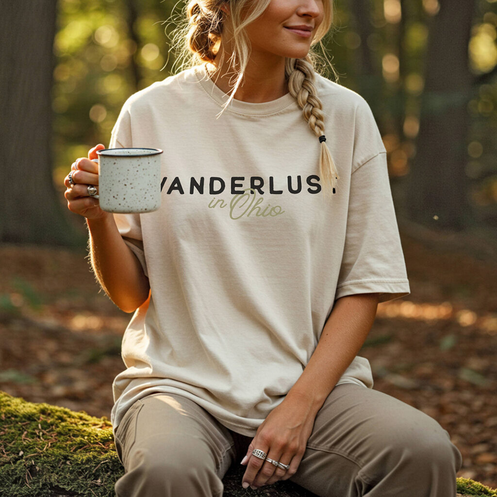 A woman with a blonde braid sits in a sunlit forest holding a speckled mug, wearing a “Wanderlust in Ohio” shirt; the scene feels calm and outdoorsy.