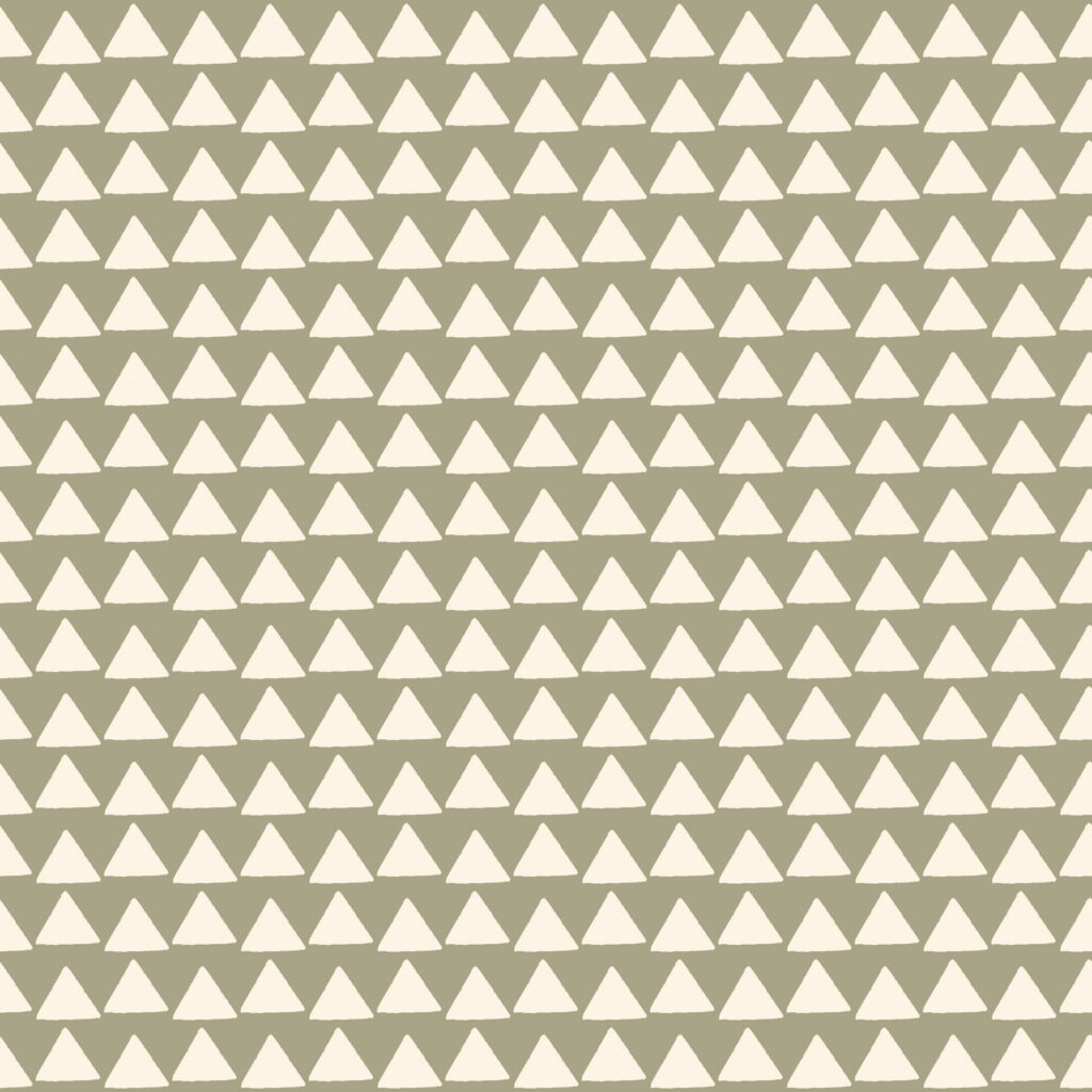 A seamless pattern of evenly spaced cream triangles in staggered rows on a muted sage-green background, creating a calm, orderly geometric texture.