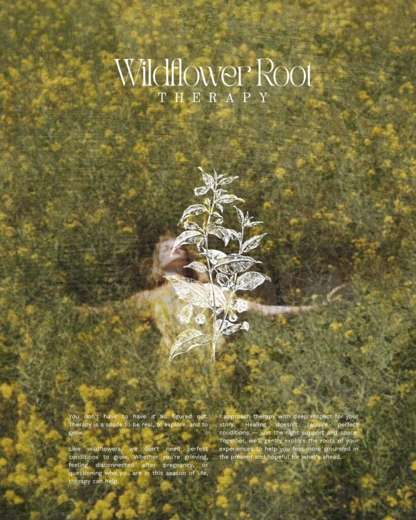 Wildflower Room Therapy poster featuring a reclining person in a yellow wildflower meadow, white botanical illustration, and calming text.