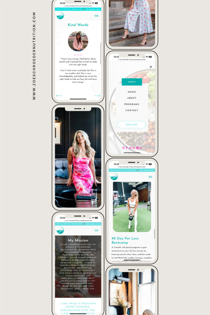 Collage of smartphone website screens featuring a woman in pink, fitness and wellness articles, kind words, mission, and soft pastel design.