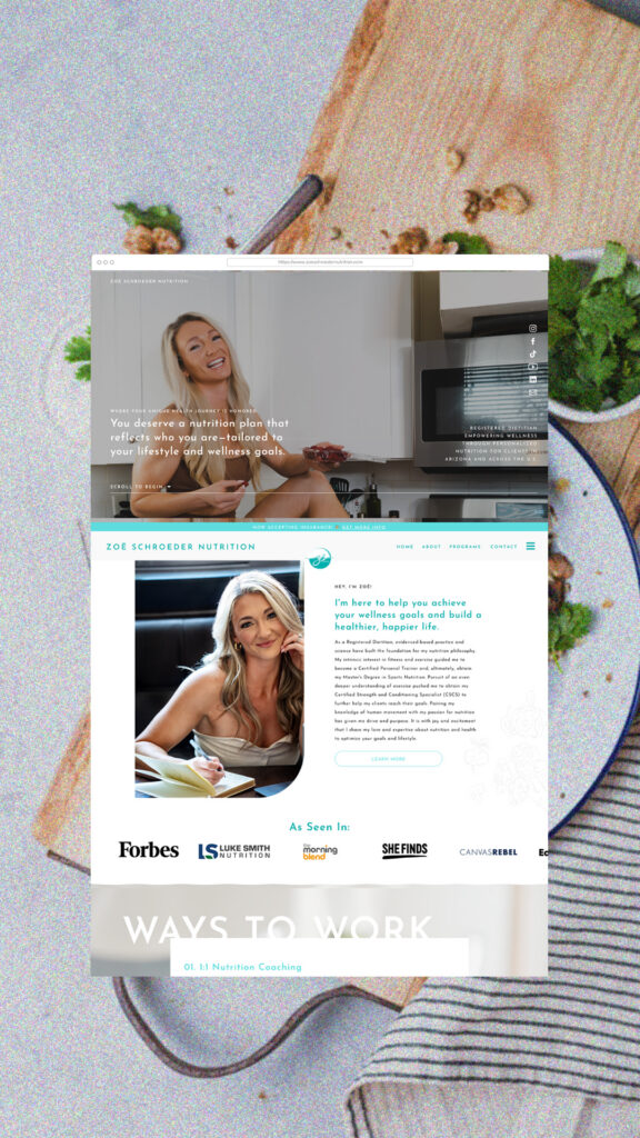 Website mockup over a kitchen scene shows smiling women cooking, a food article, recipe text, and media logos, creating a warm lifestyle tone.