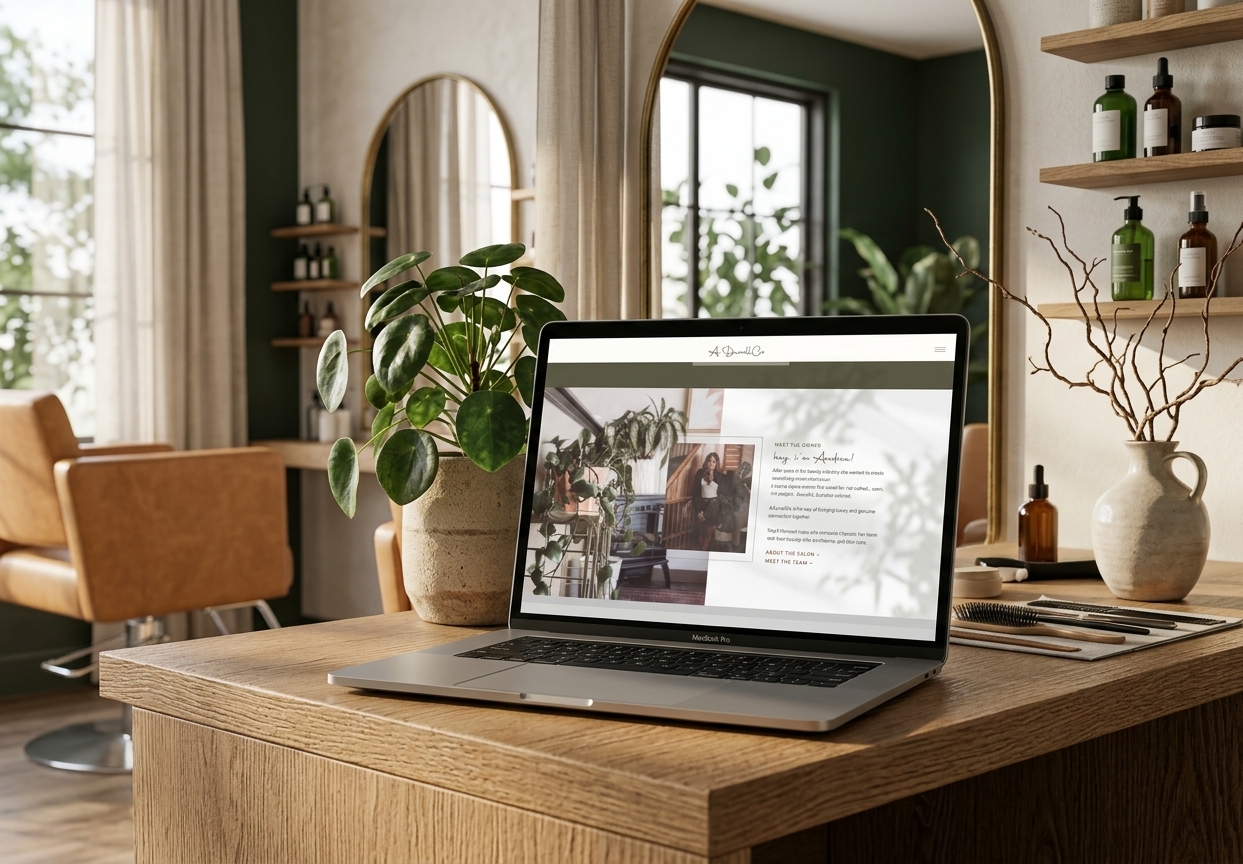 Modern home office with laptop on a wooden desk, surrounded by leafy plants, mirrors, shelves, and warm natural light, creating a calm mood.
