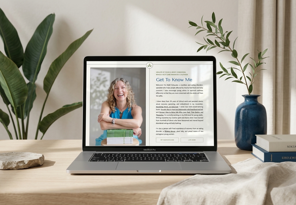 Laptop displays a warm personal profile featuring a smiling woman and “Get to Know Me” text, on a plant-filled desk with books.