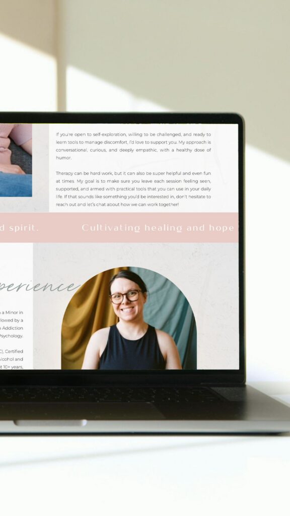 Website design mockup for a therapist's about page, featuring a clean layout and calming color scheme.